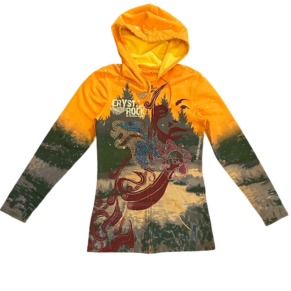 Y2K Crystal Rock Christian Audigier Rhinestone Graphic Zip Hoodie Small Bling
